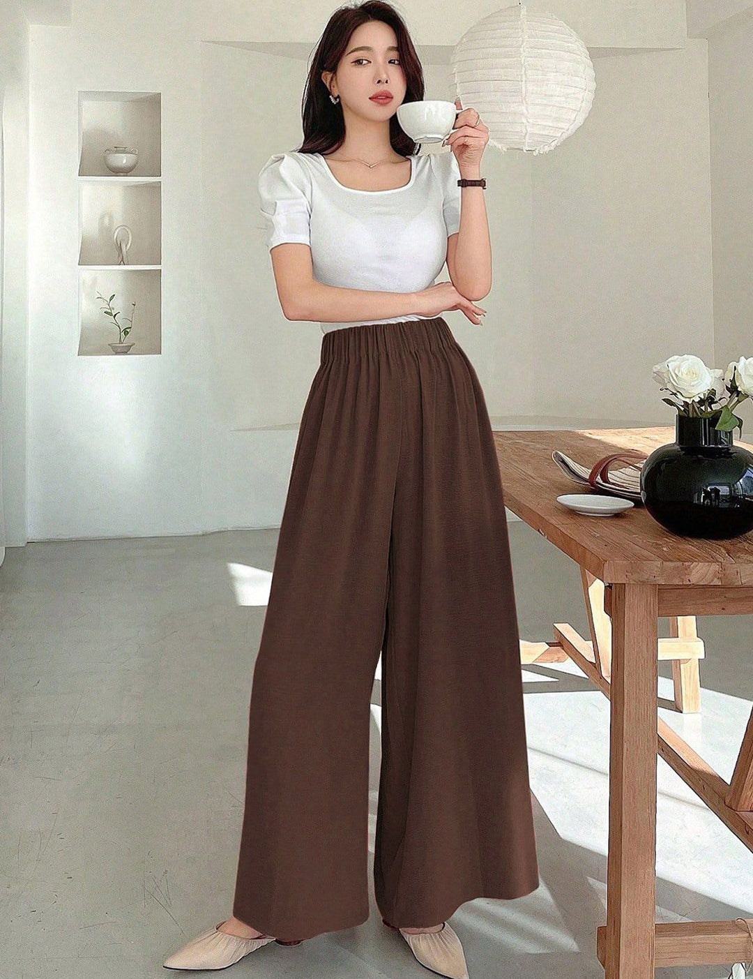Kotty Women Relaxed Straight Leg Loose Fit High-Rise Wrinkle Free Trousers