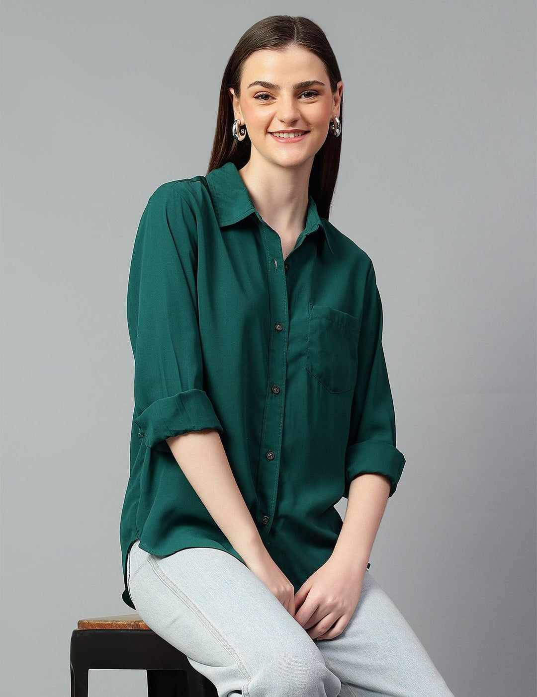 Kotty Women Comfort Spread Collar Solid Oversized Casual Shirt