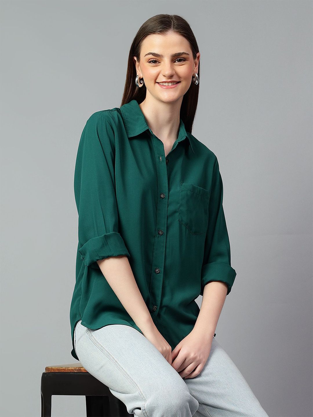 Kotty Women Comfort Spread Collar Solid Oversized Casual Shirt