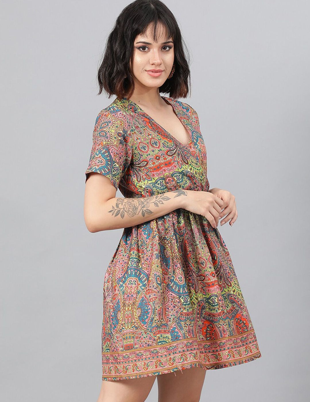 Kotty Pink Ethnic Motif Printed Fit & Flare Mini Dress