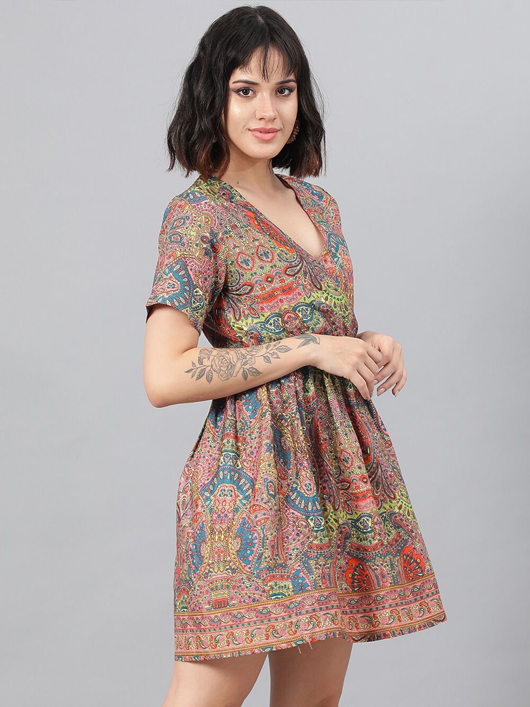 Kotty Pink Ethnic Motif Printed Fit & Flare Mini Dress