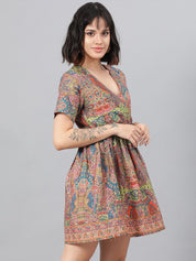 Kotty Pink Ethnic Motif Printed Fit & Flare Mini Dress