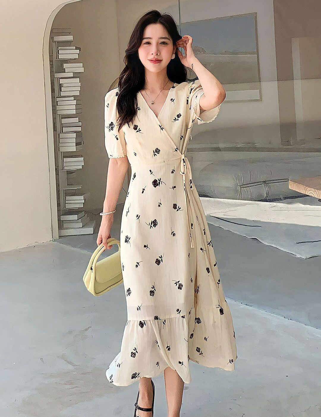 Kotty Floral Printed V-Neck Wrap Maxi Dress