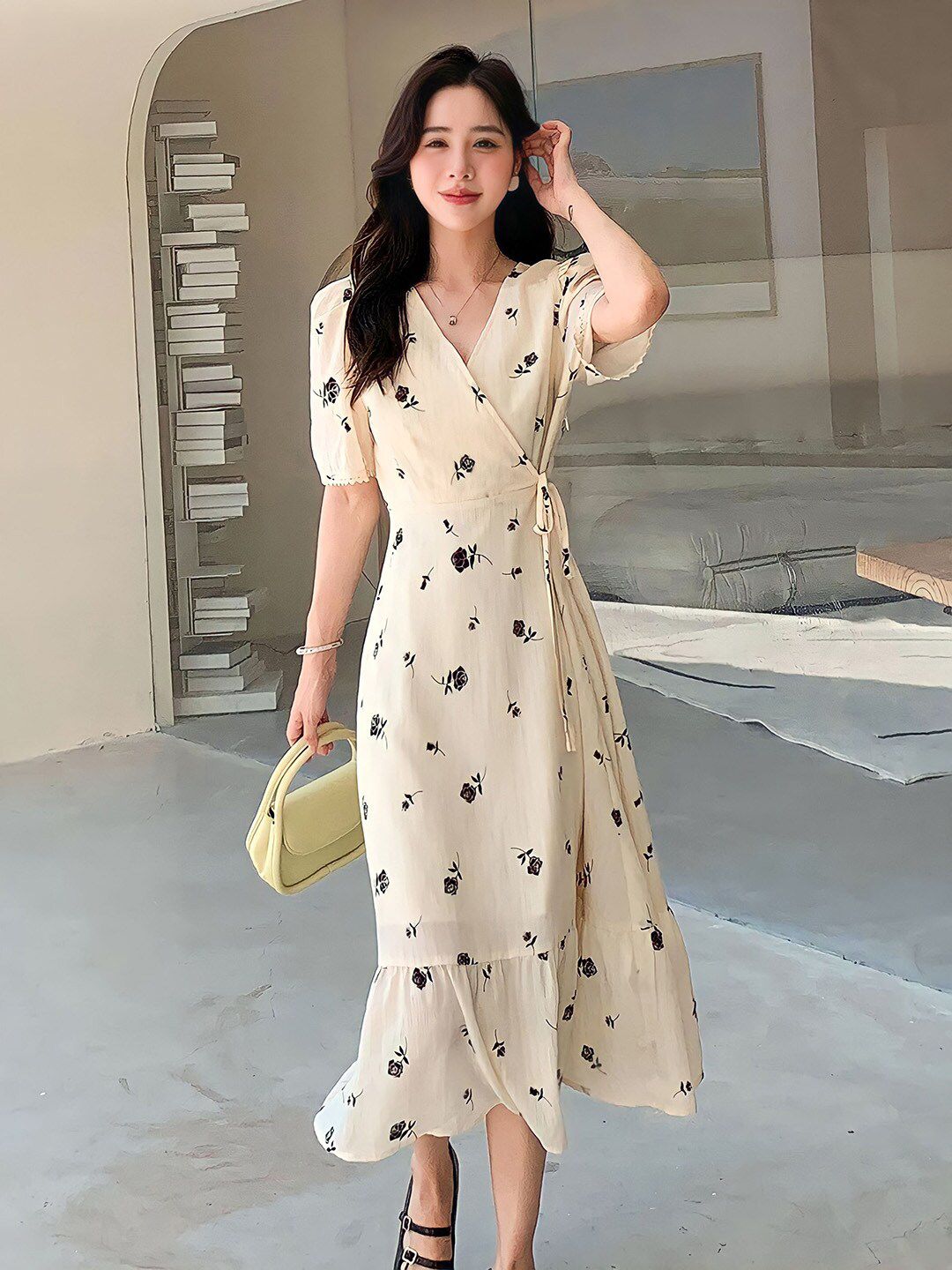 Kotty Floral Printed V-Neck Wrap Maxi Dress