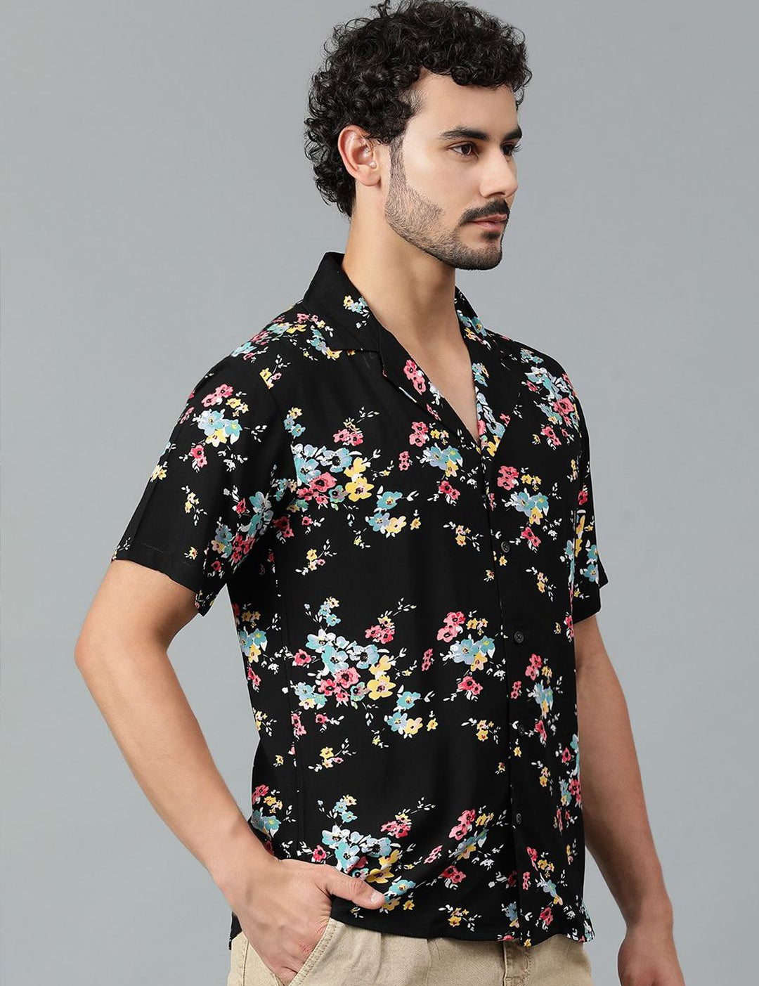 Kotty Men Cuban Collar Floral Printed Casual Shirt