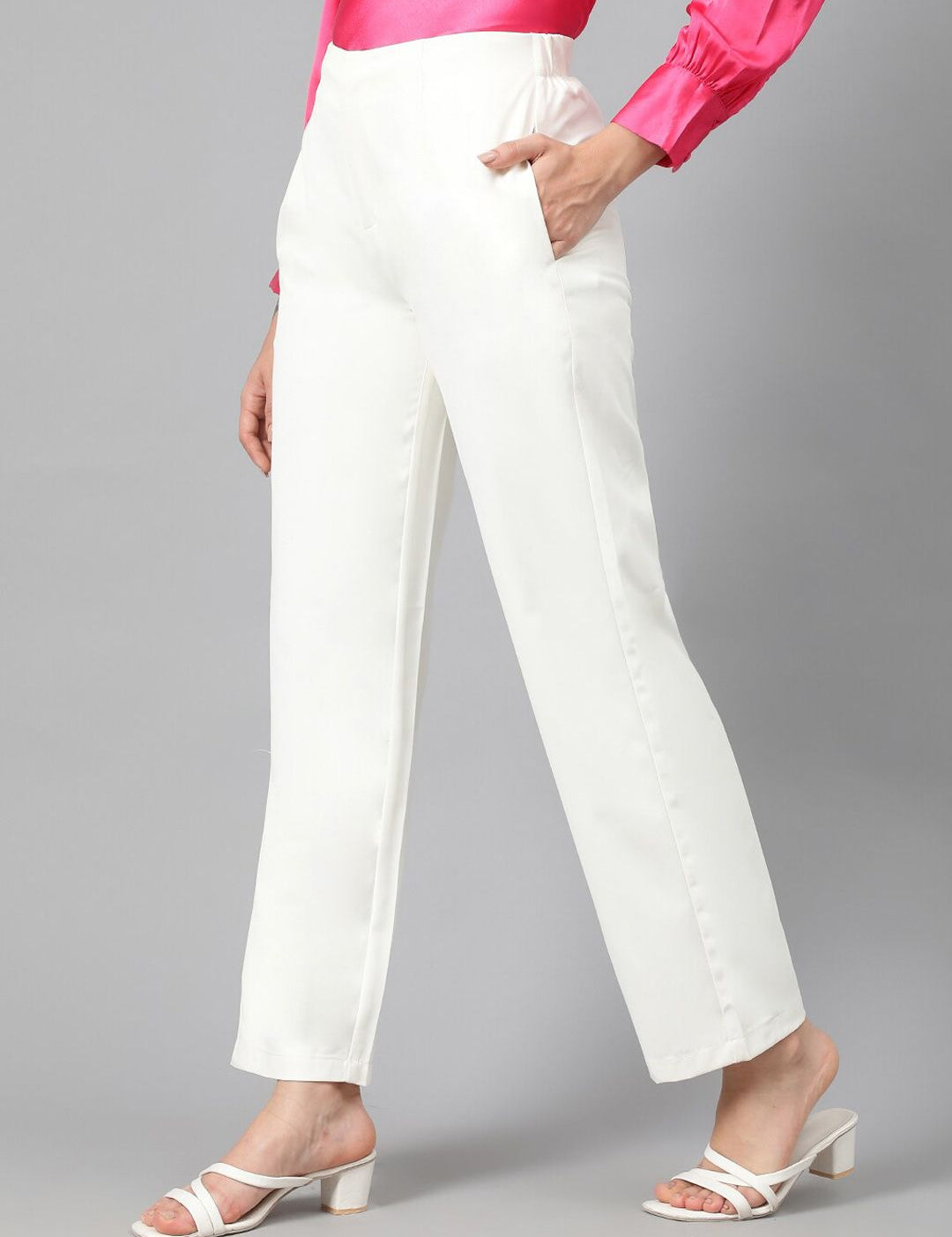 Kotty Women White Relaxed Straight Leg Fit High-Rise Easy Wash Pleated Parallel Trousers
