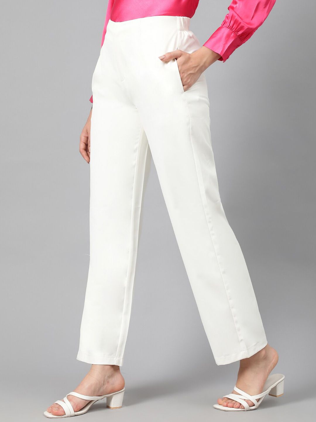Kotty Women White Relaxed Straight Leg Fit High-Rise Easy Wash Pleated Parallel Trousers