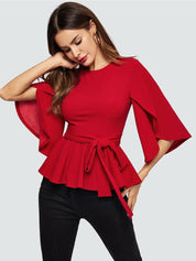 Kotty Red Waist Tie-Up Flared Sleeves Top
