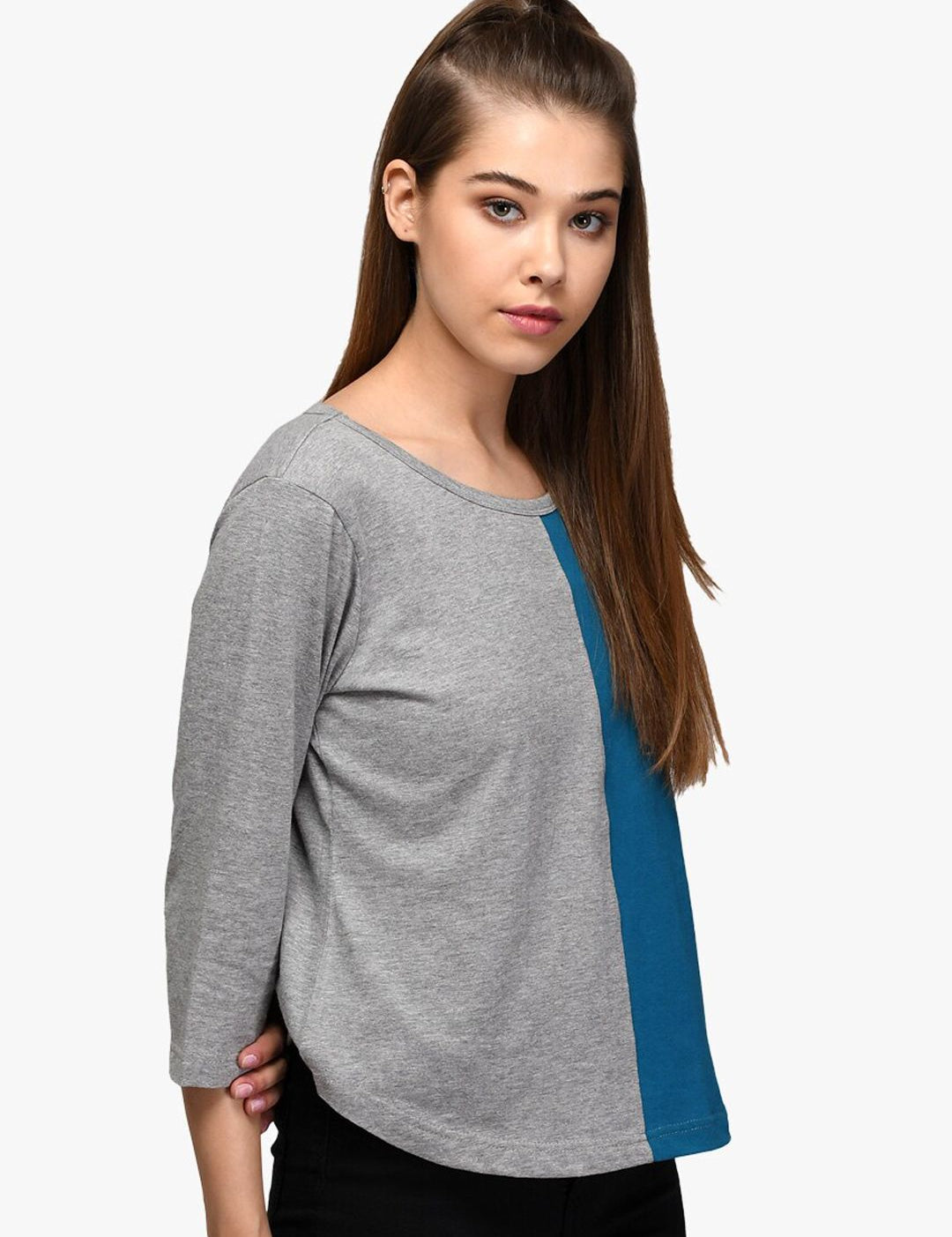 Kotty Women Blue & Grey Colourblocked Round Neck T-shirt