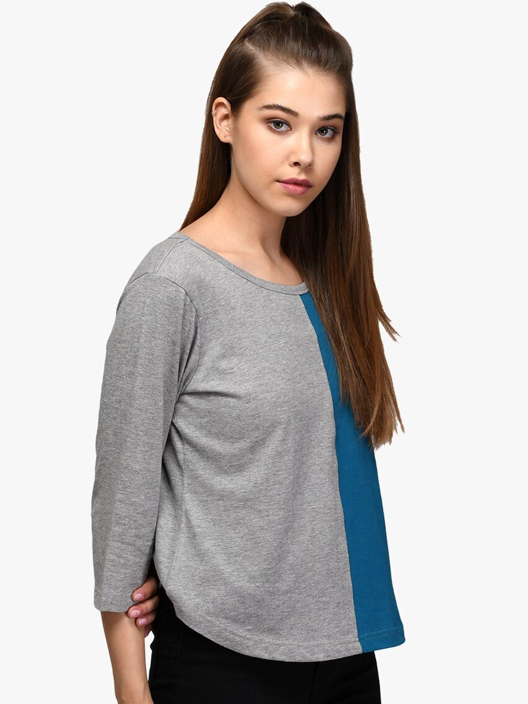 Kotty Women Blue & Grey Colourblocked Round Neck T-shirt