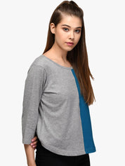 Kotty Women Blue & Grey Colourblocked Round Neck T-shirt