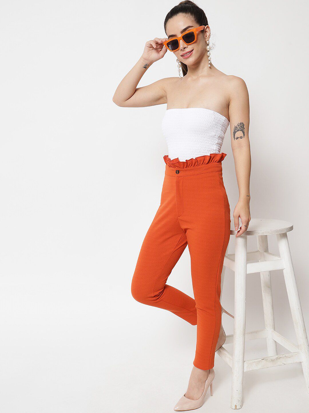 Kotty Women Orange Relaxed Straight Fit High-Rise Easy Wash Trousers