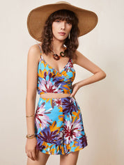 Kotty Blue Floral Printed Shoulder Straps Top With Shorts