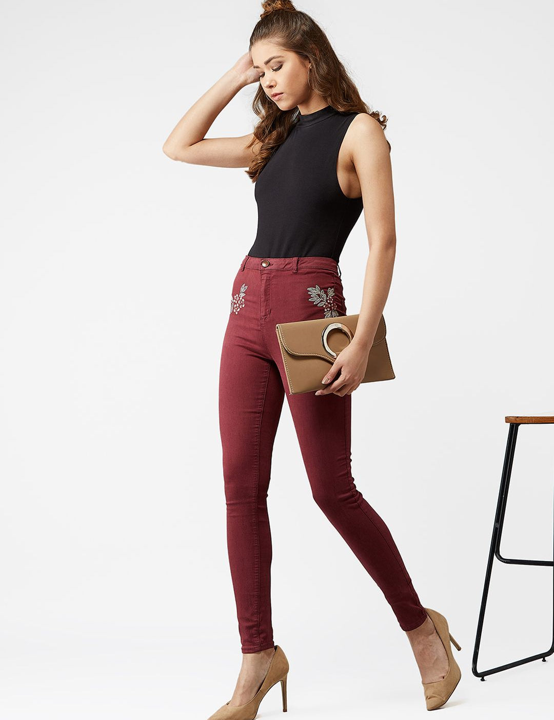 Kotty Women Maroon Skinny Fit High-Rise Clean Look Jeans