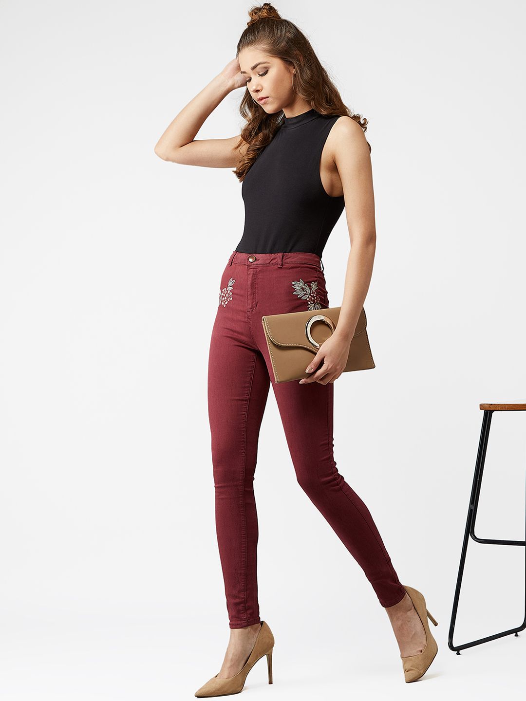 Kotty Women Maroon Skinny Fit High-Rise Clean Look Jeans