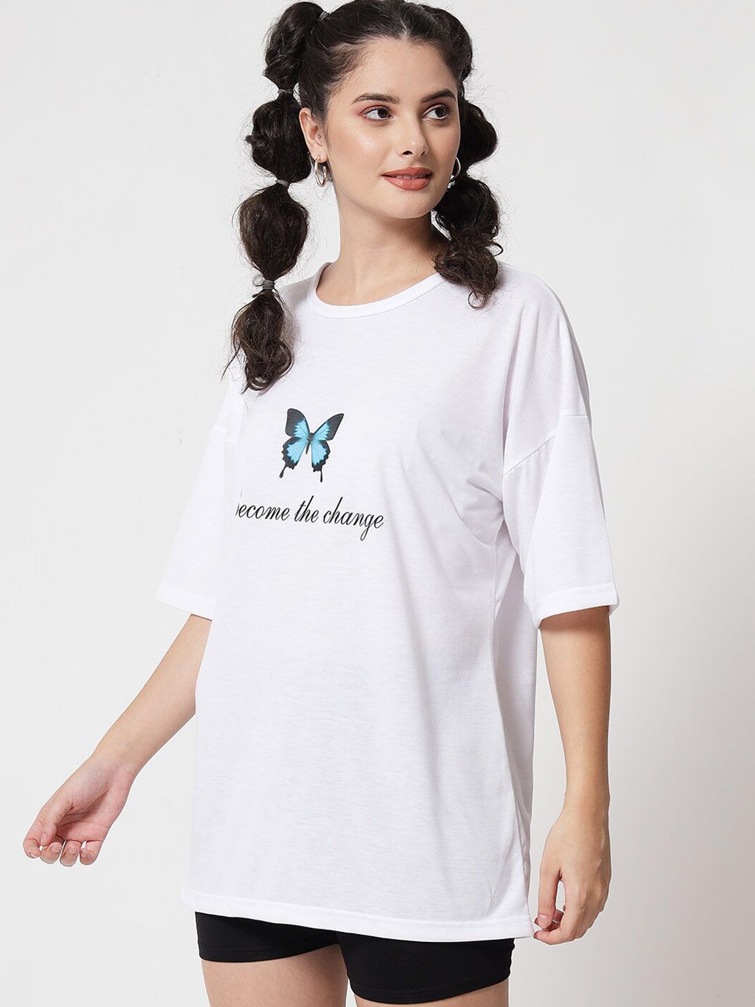 Kotty Women White Printed Applique Loose T-shirt