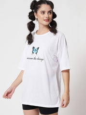 Kotty Women White Printed Applique Loose T-shirt