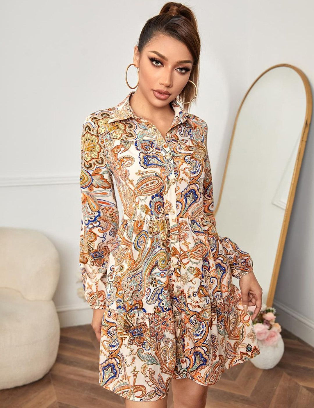 Kotty Floral Printed Shirt Collar Puff Sleeves Crepe A-Line Dress