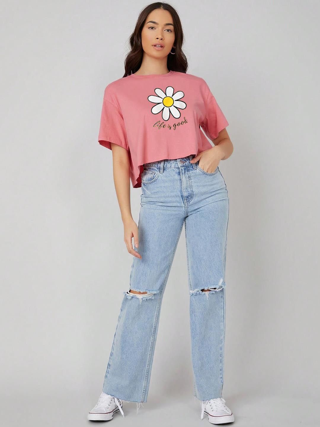 Kotty Pink Floral Printed Round Neck Drop-Shoulder Sleeves Oversized Crop T-shirt