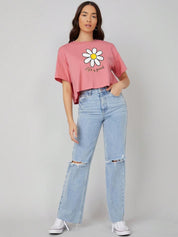 Kotty Pink Floral Printed Round Neck Drop-Shoulder Sleeves Oversized Crop T-shirt