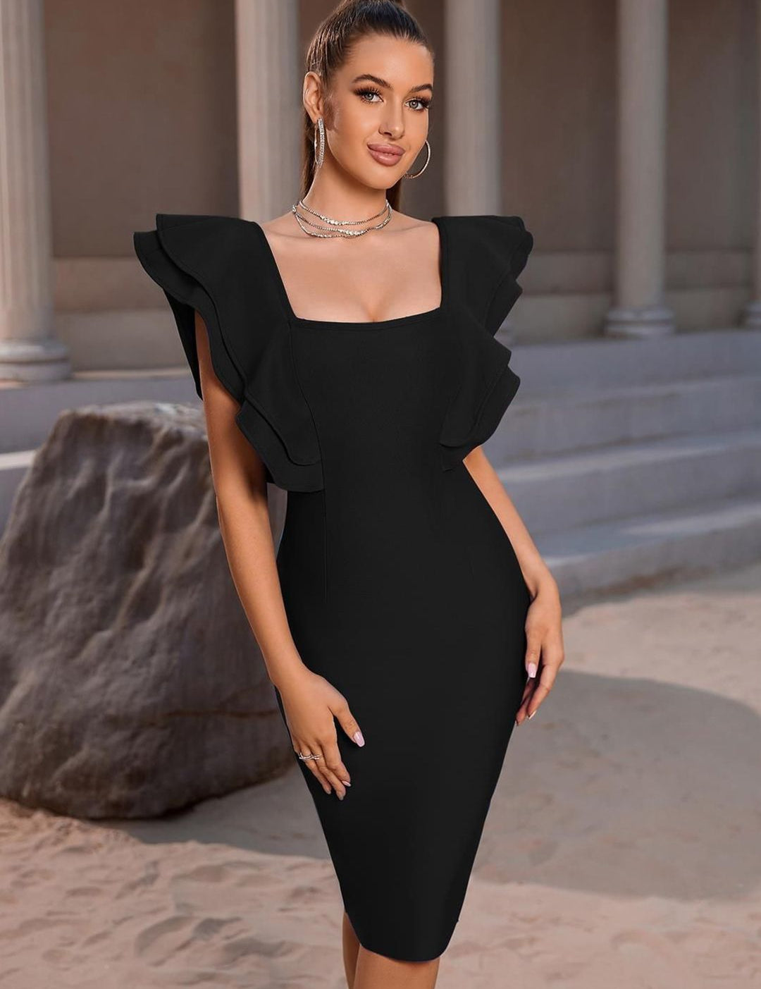 Kotty Black Square Neck Flutter Sleeves Bodycon Dress