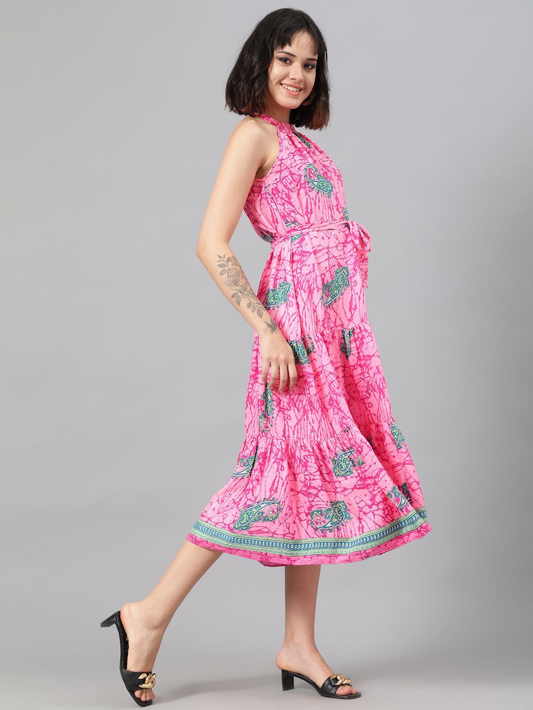 Kotty Floral Printed Halter Neck Layered Crepe Fit & Flare Midi Dress