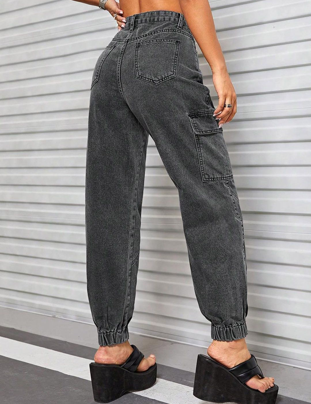 Kotty Women Jean High-Rise Light Fade Stretchable Cargo Jogger