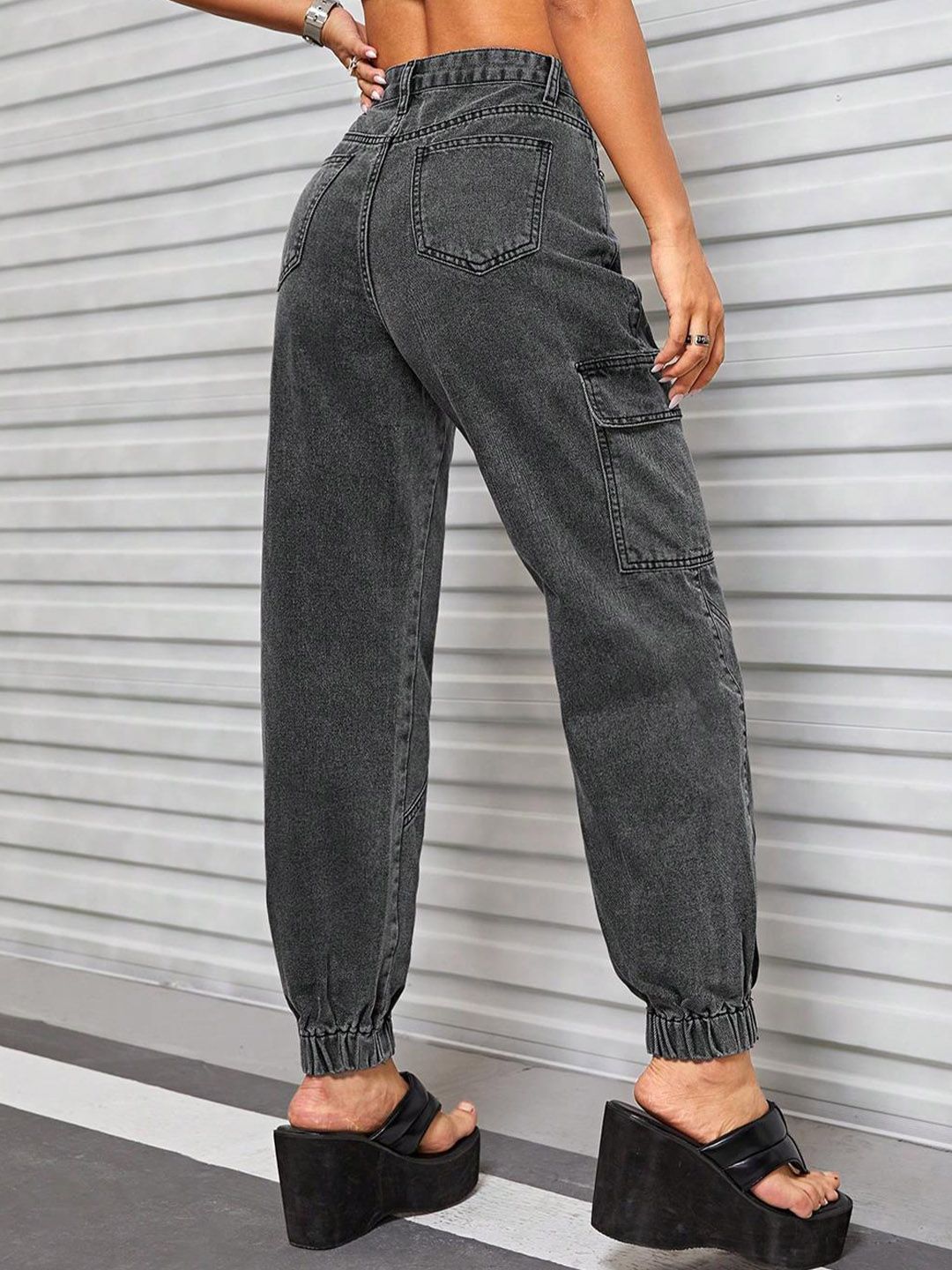 Kotty Women Jean High-Rise Light Fade Stretchable Cargo Jogger