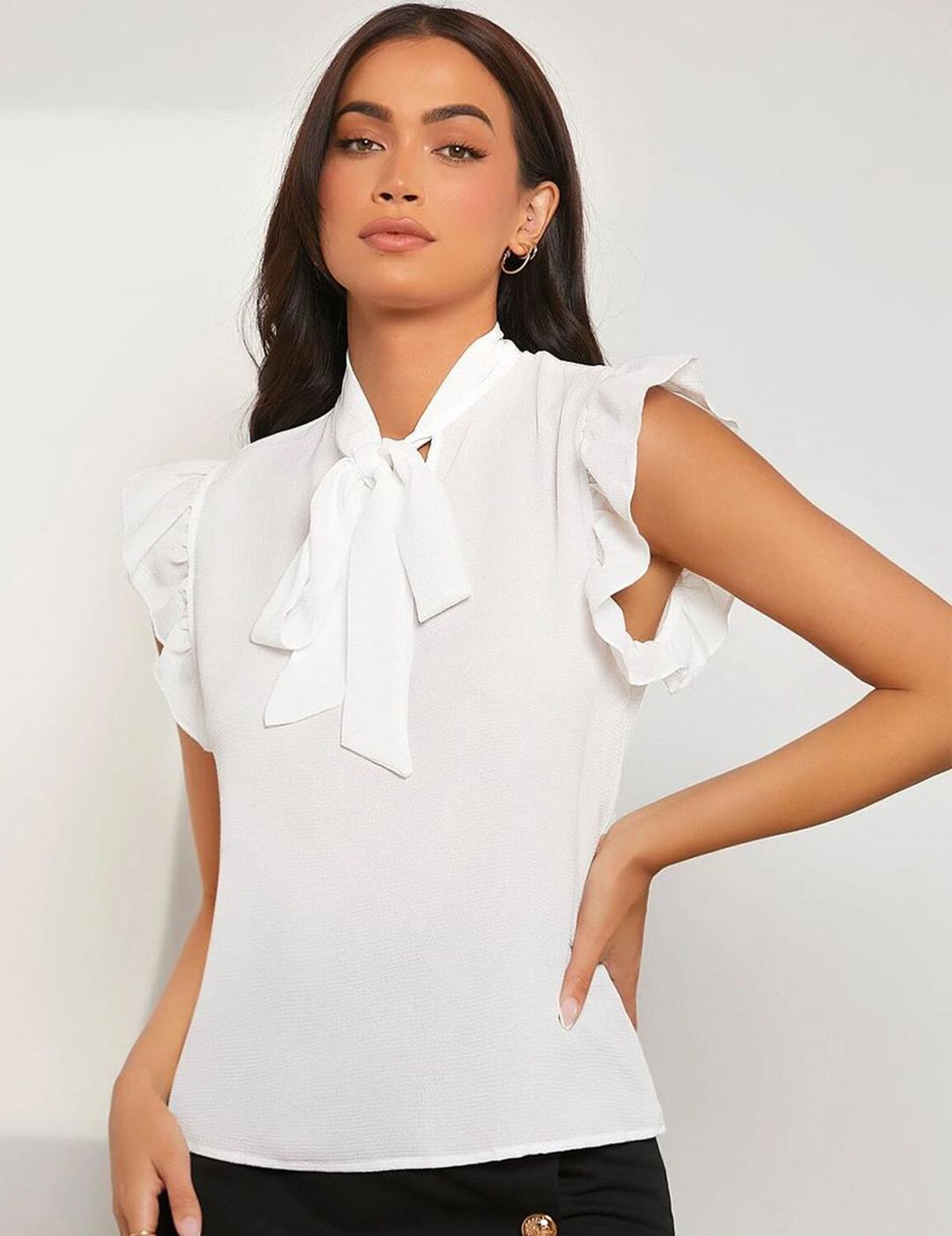 Kotty White Tie-Up Neck Flutter Sleeves Regular Top