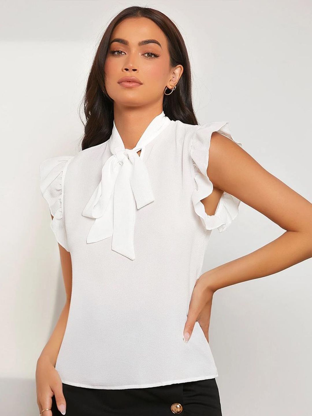 Kotty White Tie-Up Neck Flutter Sleeves Regular Top