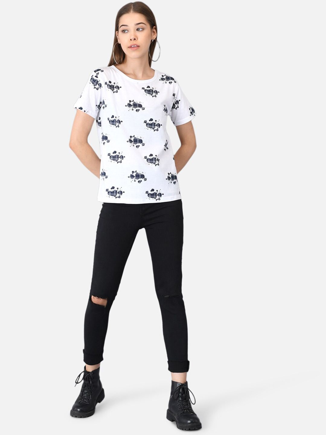 Kotty Women White Printed Round Neck T-shirt