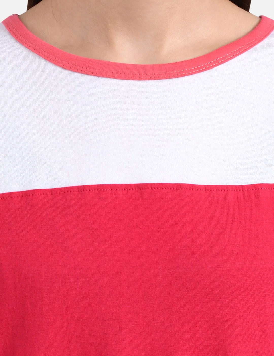 Kotty Women Pink & White Colourblocked Round Neck T-shirt