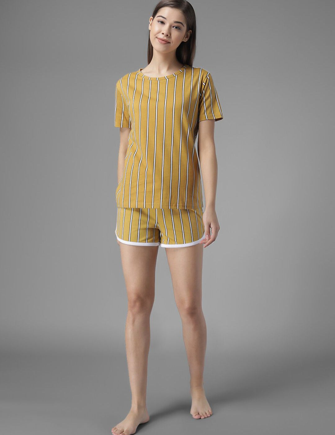 Kotty Women Yellow & White Striped Night Suit