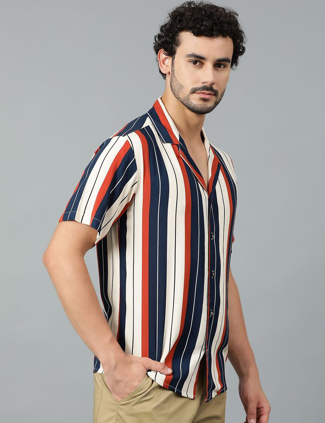 Kotty Men Cuban Collar Striped Casual Shirt