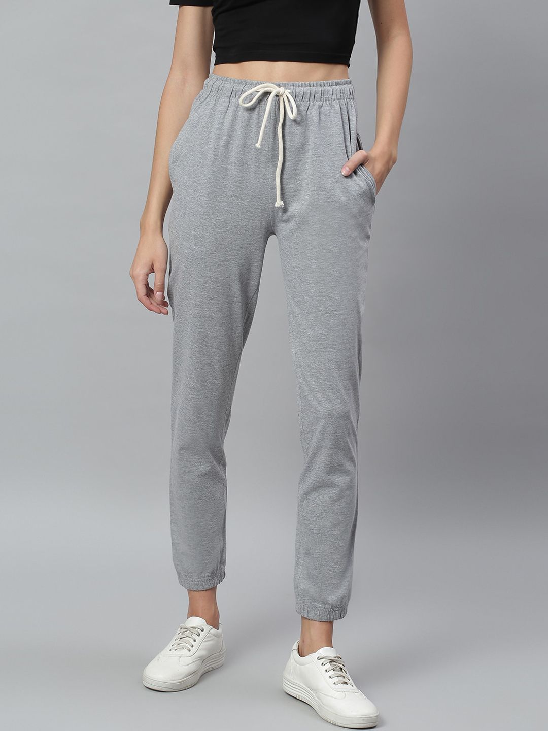 Kotty Women Grey Melange Solid Crop Straight Fit Joggers