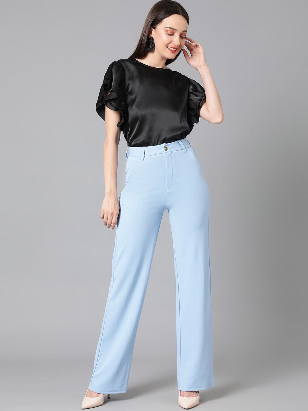 KOTTY BIZwear Women Relaxed Straight Leg High-Rise Easy Wash Straight Fit Trousers