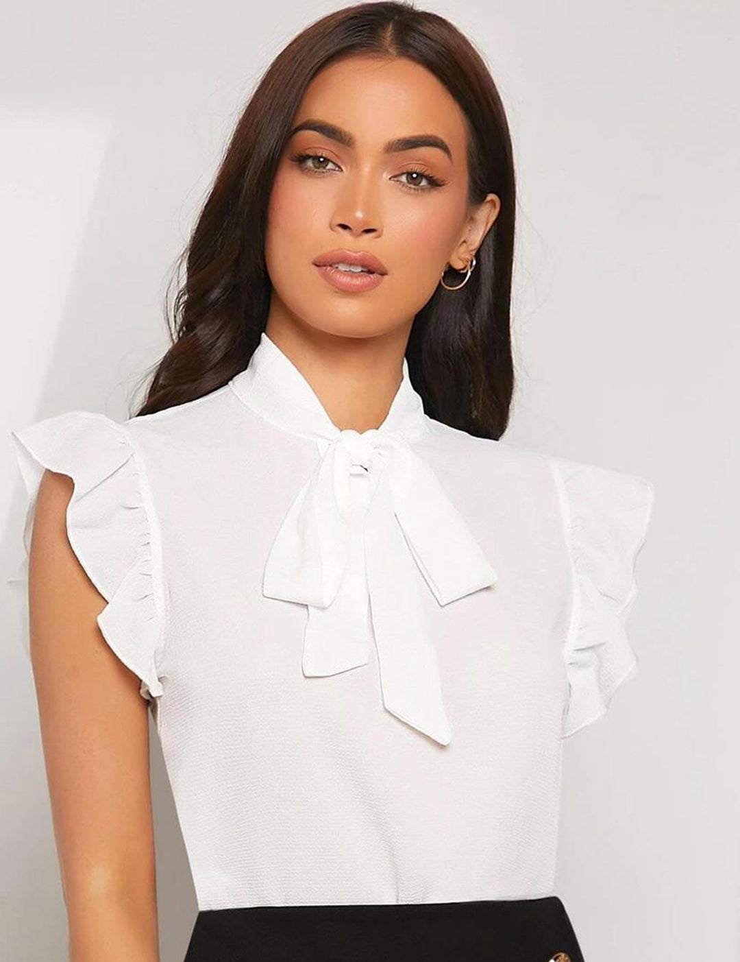Kotty White Tie-Up Neck Flutter Sleeves Top