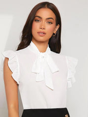 Kotty White Tie-Up Neck Flutter Sleeves Top