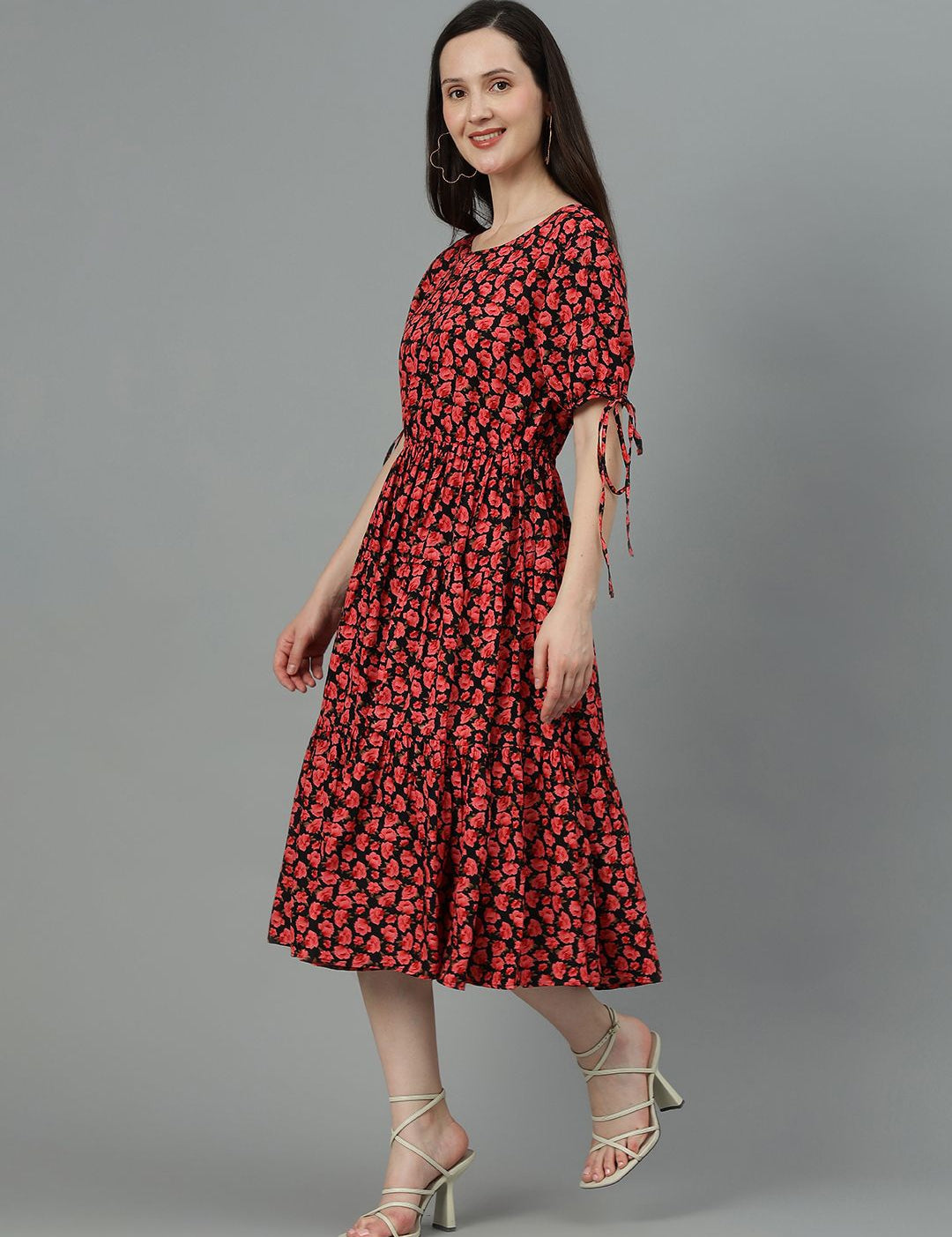 Kotty Red Floral Printed A-Line Midi Dress