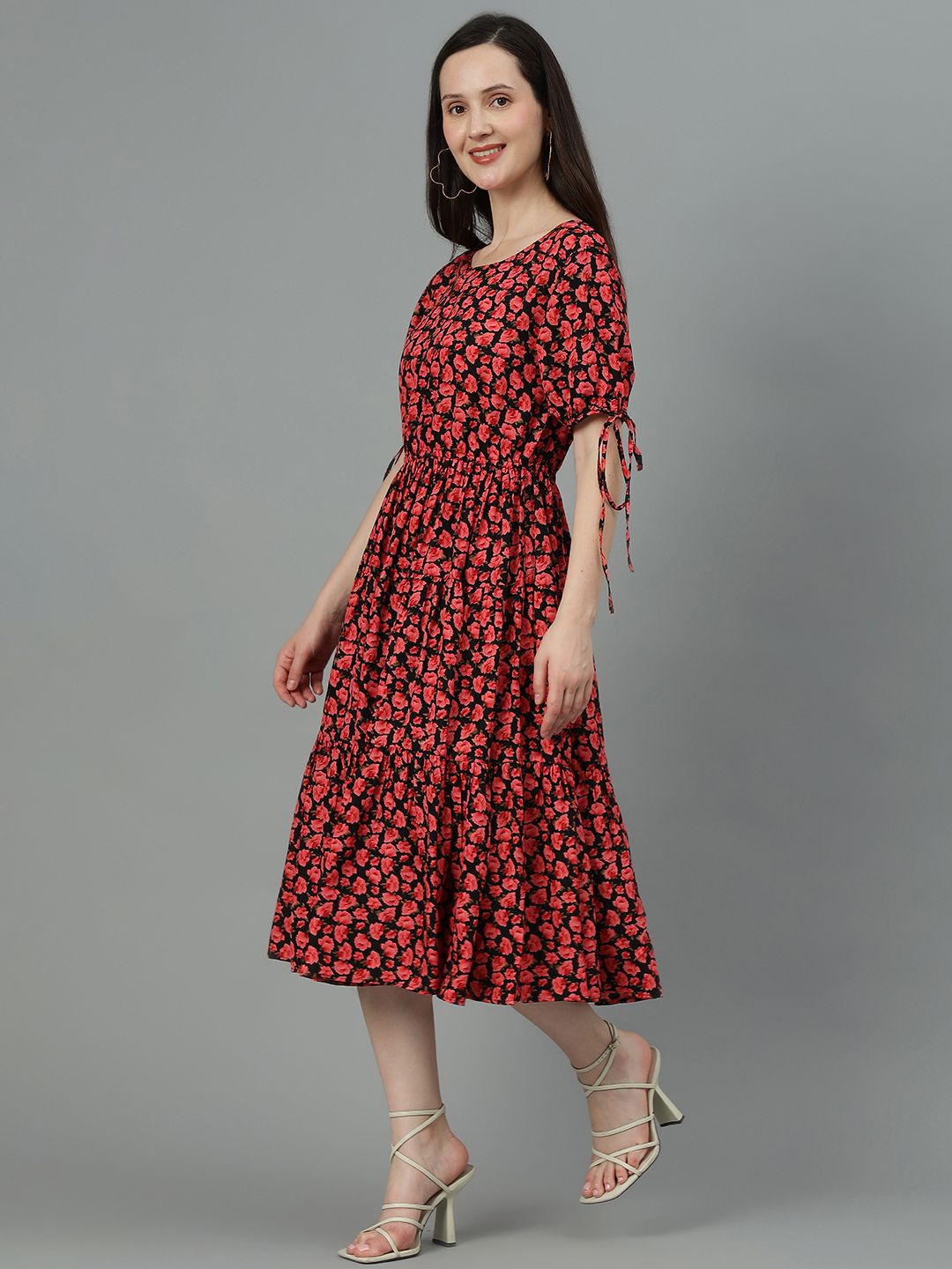 Kotty Red Floral Printed A-Line Midi Dress