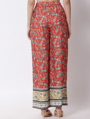Kotty Women Red Ethnic Motifs Printed Relaxed Flared High-Rise Easy Wash Trousers