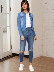 Kotty Women Spread Collar Solid Denim Jacket