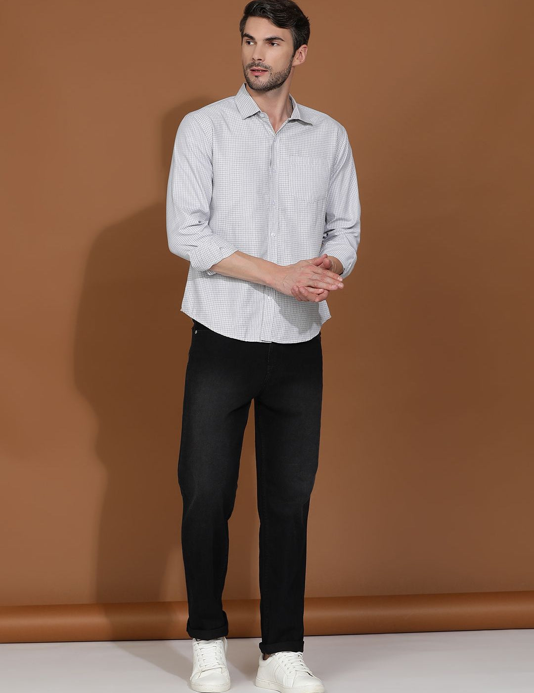 Kotty White & Grey New Checked Spread Collar Casual Shirt