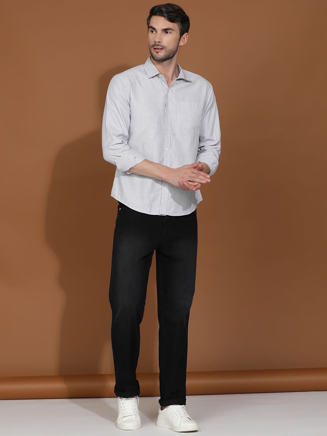 Kotty White & Grey New Checked Spread Collar Casual Shirt