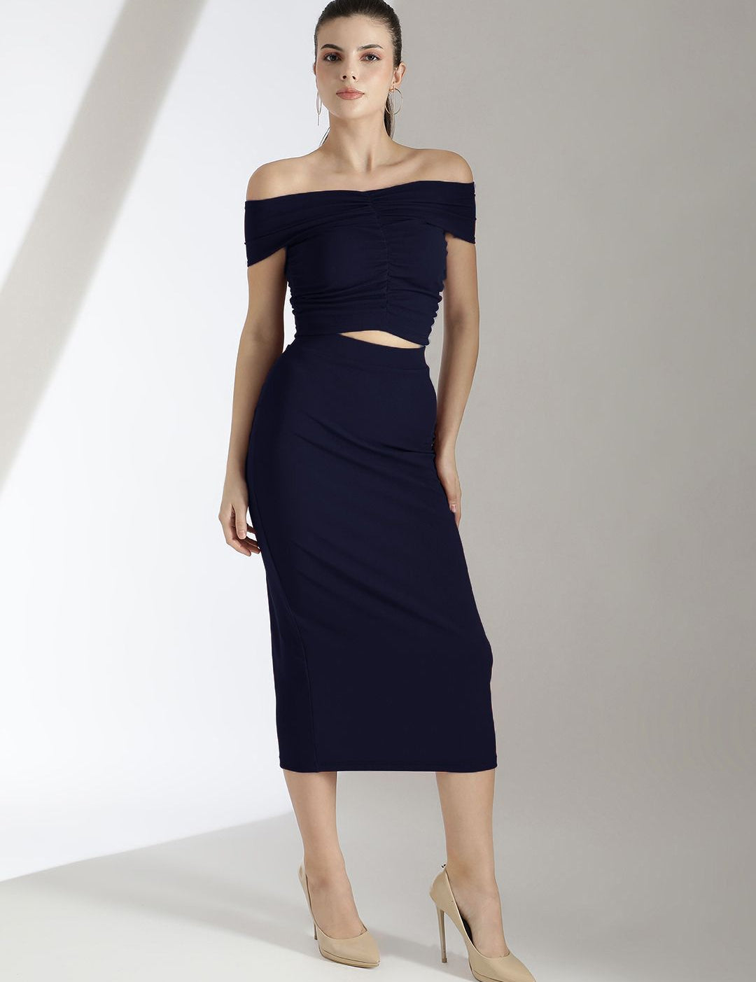 Kotty Navy Blue Off Shoulder Top With Skirt 
