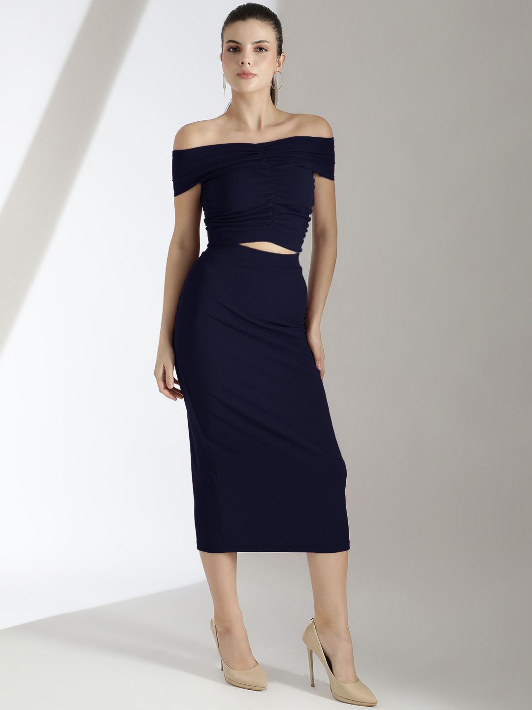 Kotty Navy Blue Off Shoulder Top With Skirt 