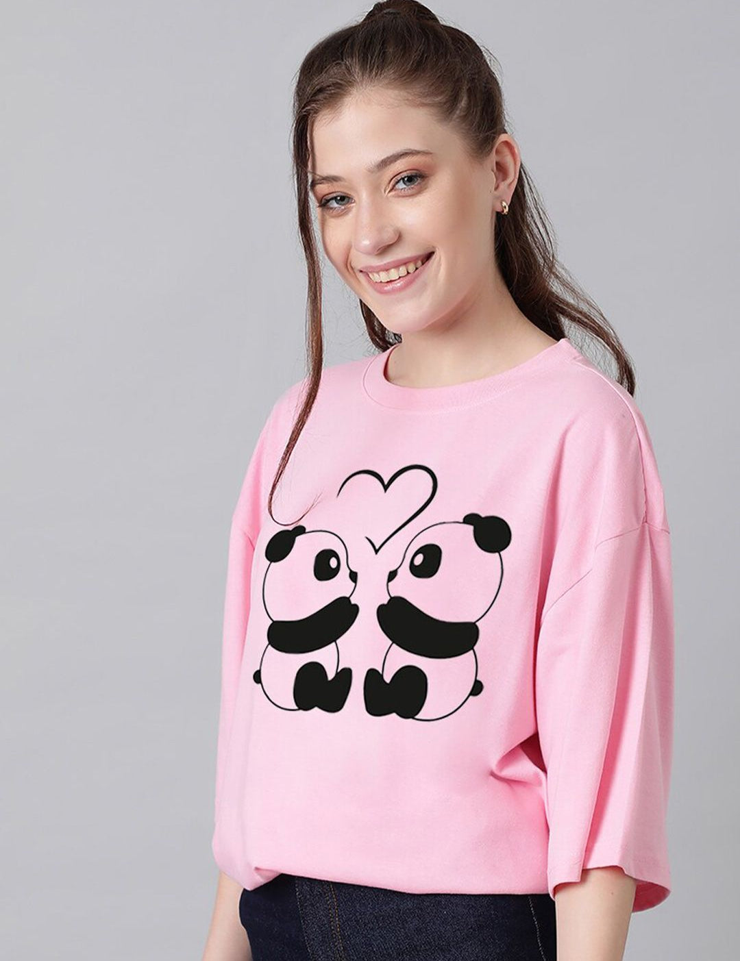 KOTTY Basics Panda Printed Drop Shoulder Sleeves Oversized T-shirt
