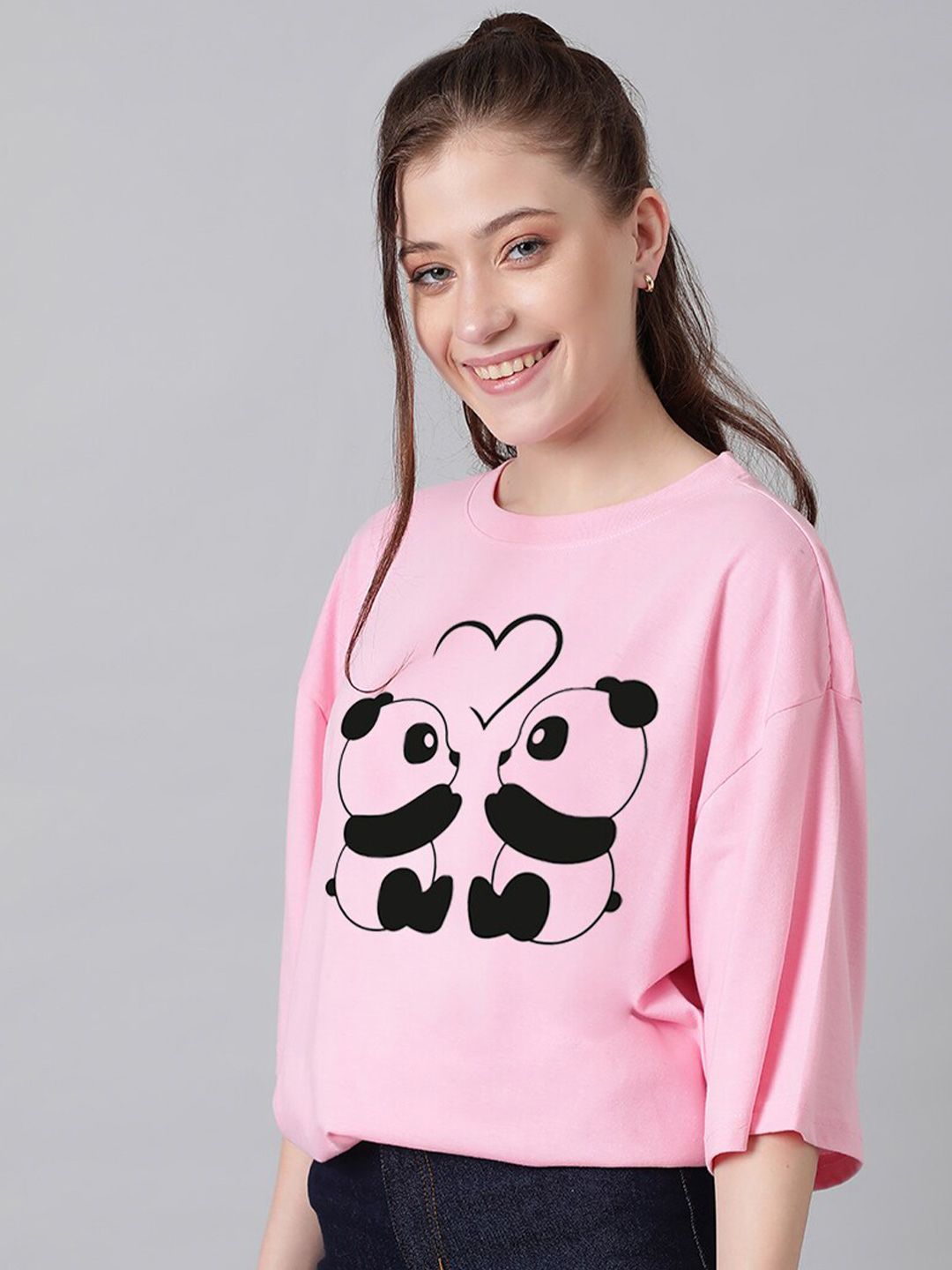 KOTTY Basics Panda Printed Drop Shoulder Sleeves Oversized T-shirt