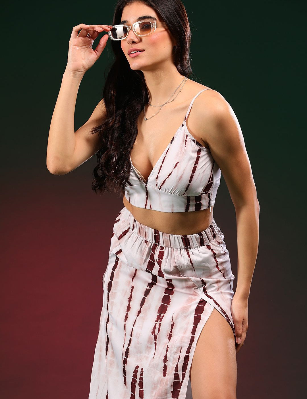 Kotty Beige Tie & Dye Shoulder Straps Top With Skirt