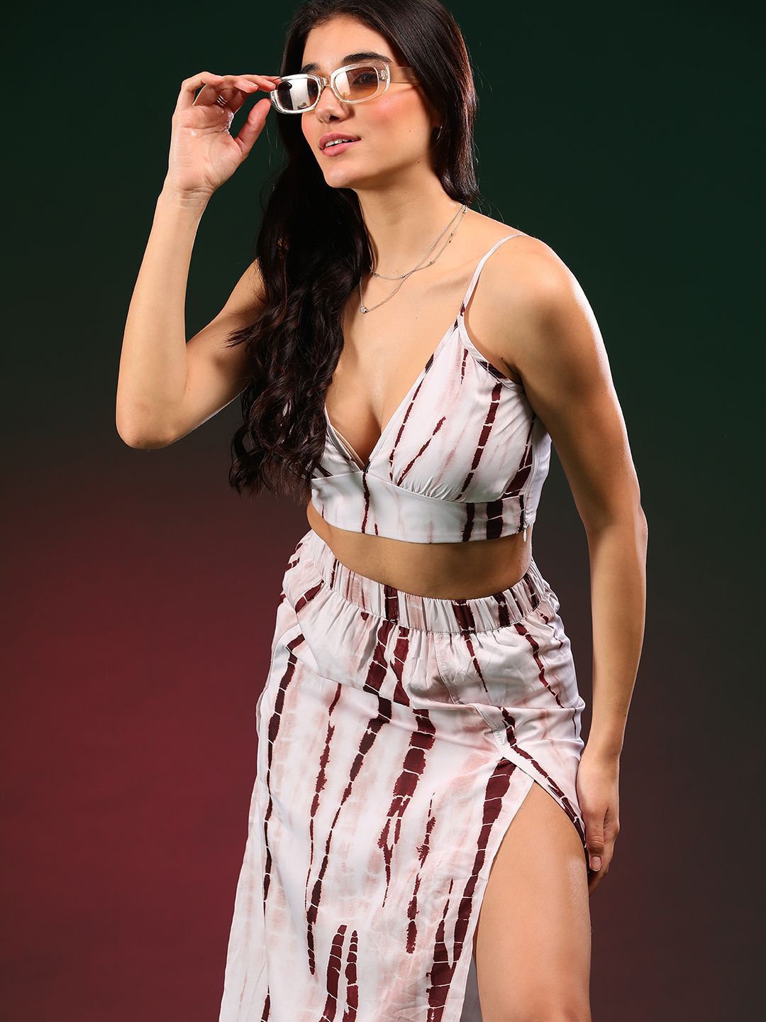 Kotty Beige Tie & Dye Shoulder Straps Top With Skirt